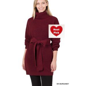 Belted Turtleneck Sweater Dress - Dark Burgundy